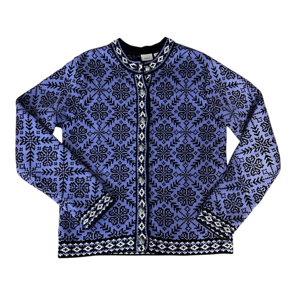 L.L. Bean Vintage Purple and Black Fair Isle 100% Cotton Cardigan Sweater size S